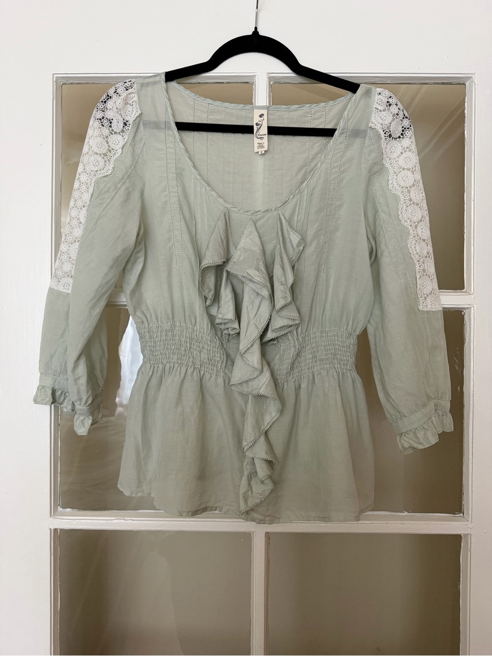 Floreat Sage Green Ruffle Peasant Blouse with Lace Shoulders
